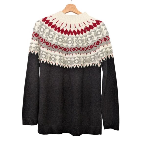 J Jill Fair Isle Nordic Sweater Womens M Red Gray White Knit Cotton Blend - Picture 2 of 9